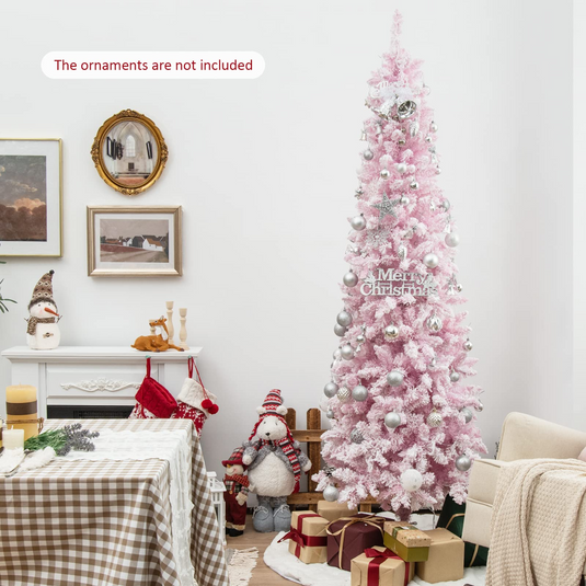 Goplus 7ft Pre-Lit Pencil Christmas Tree, Snow Flocked Artificial Slim Tree with 800 Branch Tips - GoplusUS