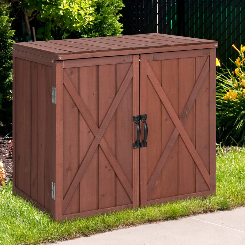 Load image into Gallery viewer, Goplus Outdoor Storage Cabinet, Wood Garden Tool Shed with Doors for Patio Backyard, 30&quot; x 22&quot; x 28.5&quot; - GoplusUS
