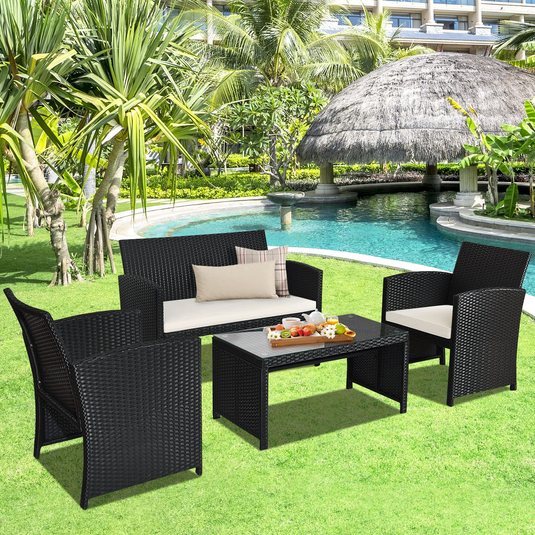 Goplus 3 pcs outdoor rattan furniture discount sofa set lounge chaise cushioned patio garden