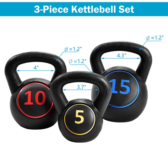 3 Pieces Kettlebell Set, 5, 10, 15 lbs HDPE Coated Concrete Fitness Kettle Bells - GoplusUS