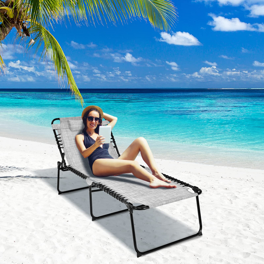 Goplus Beach Lounge Chair, Folding Chaise Lounger with Detachable Pillow & Adjustable 4-Level Backrest & 2-Level Footrest - GoplusUS