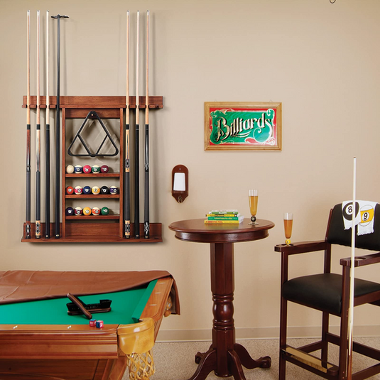 Goplus Pool Cue Rack, Wall Mounted Billiard Stick Holder, Made of Solid Pine Wood - GoplusUS