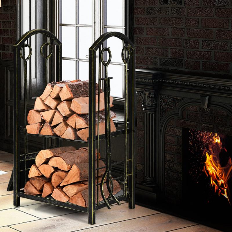 Load image into Gallery viewer, Goplus Firewood Rack with 4 Fireplace Tools, Wrought Iron Log Holders with Poker - GoplusUS
